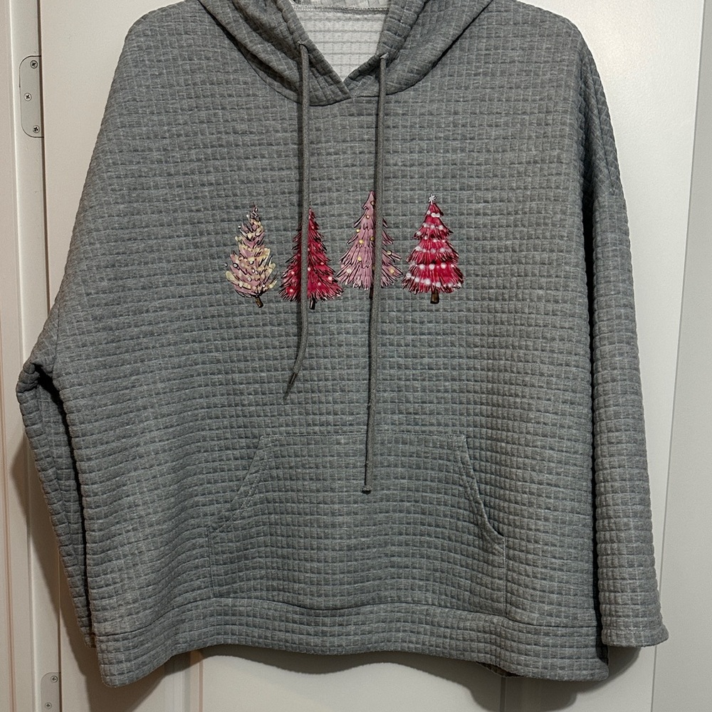 Gray Hoodie with Pink Tree Embroidery